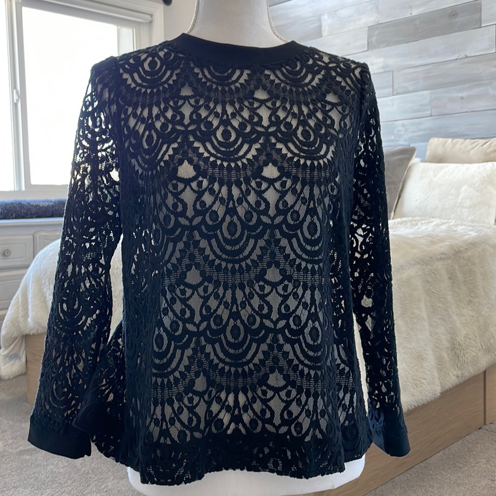 Banana Republic Black Lace Blouse Button Up Back Vintage